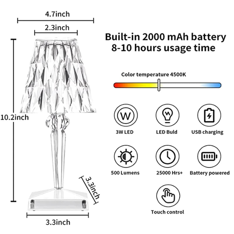 LED Bar Diamond-Like Rechargeable Crystal Table Lamp